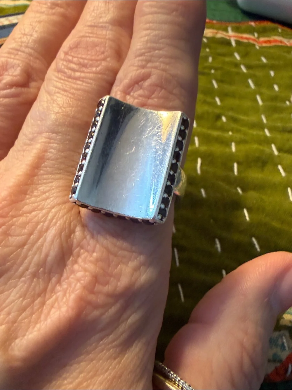 Modern Rectangular Sterling Silver Ring with Garnet Rows On Every Side